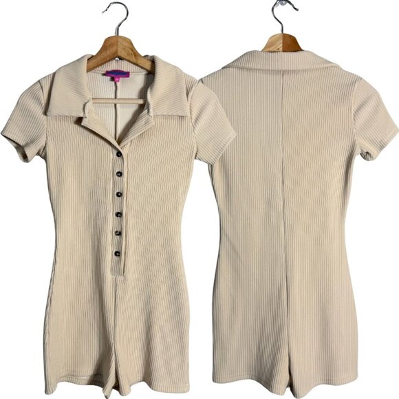Edikted Lucia Ribbed Romper Women's XS Tan Button Up Collared Micro Mini Bodycon - Picture 2 of 15
